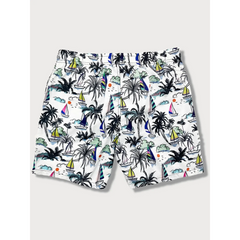 Linen Rayon Button Up Shirt & Palm Tree Print Swim Shorts - 2 Piece Summer Outfit