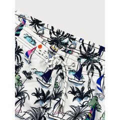 Linen Rayon Button Up Shirt & Palm Tree Print Swim Shorts - 2 Piece Summer Outfit
