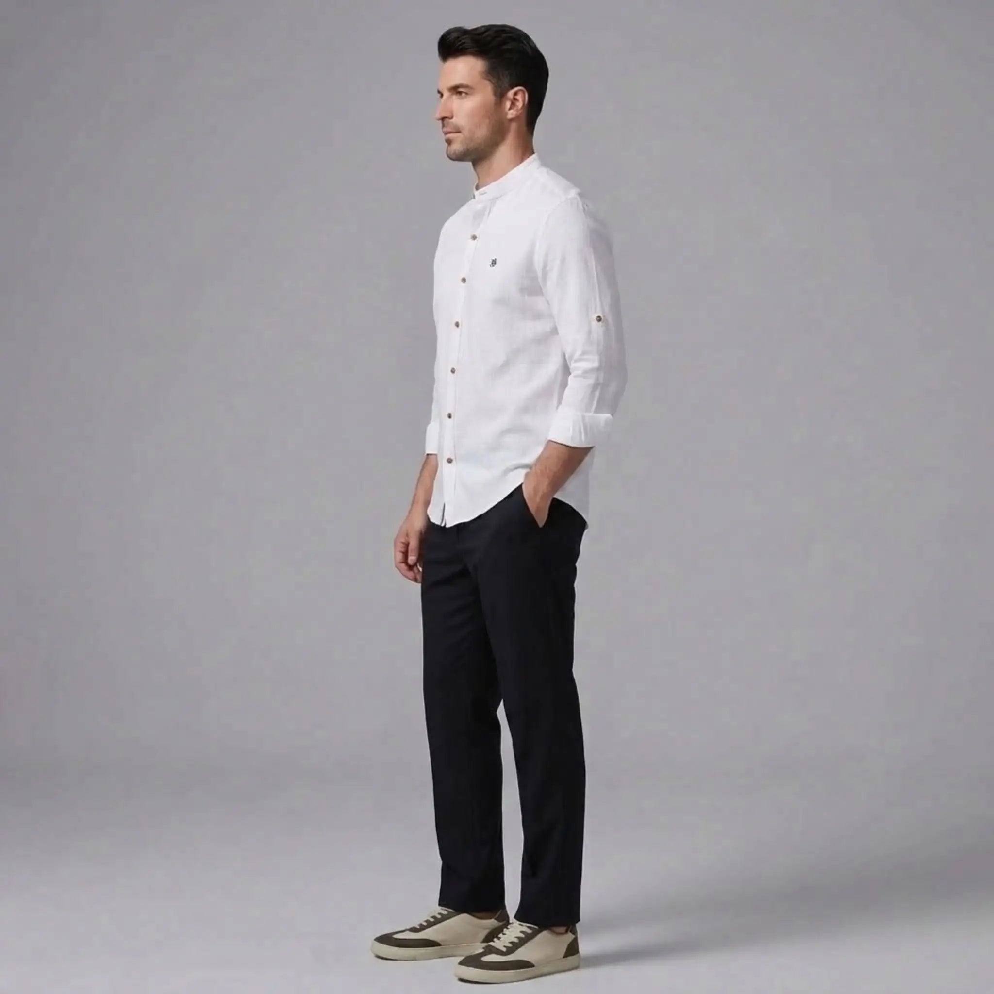 MannerCo white linen stand collar shirt and slim tapered trousers 2-piece set side view