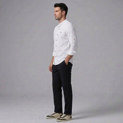 MannerCo white linen stand collar shirt and slim tapered trousers 2-piece set side view