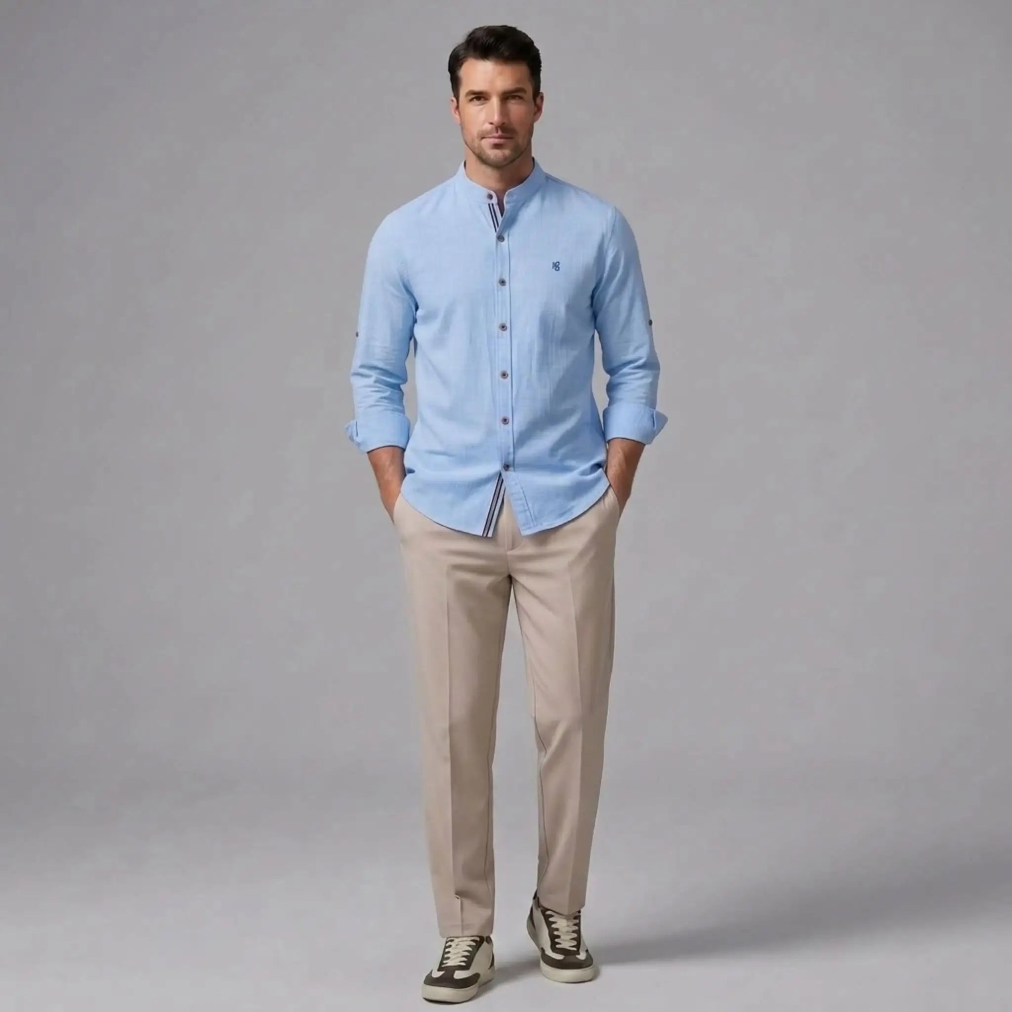 MannerCo light blue linen stand collar shirt and slim tapered trousers 2-piece set front view