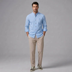 MannerCo light blue linen stand collar shirt and slim tapered trousers 2-piece set front view