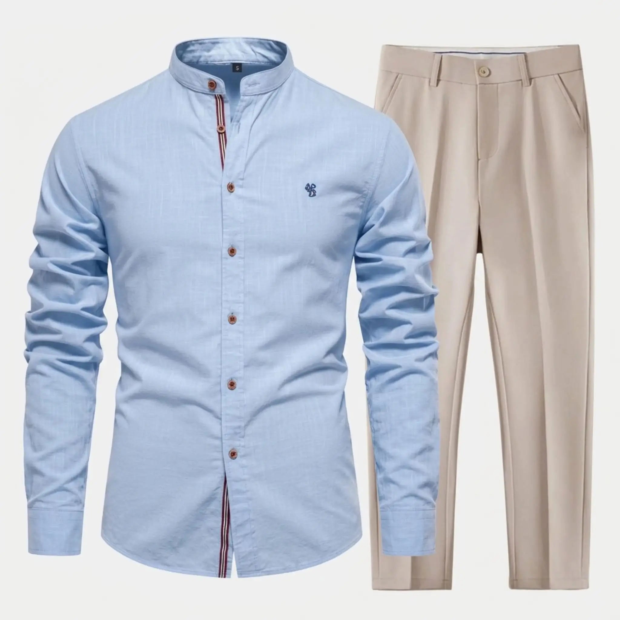 MannerCo light blue linen stand collar shirt and beige slim fit tapered trousers 2-piece set