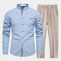 MannerCo light blue linen stand collar shirt and beige slim fit tapered trousers 2-piece set