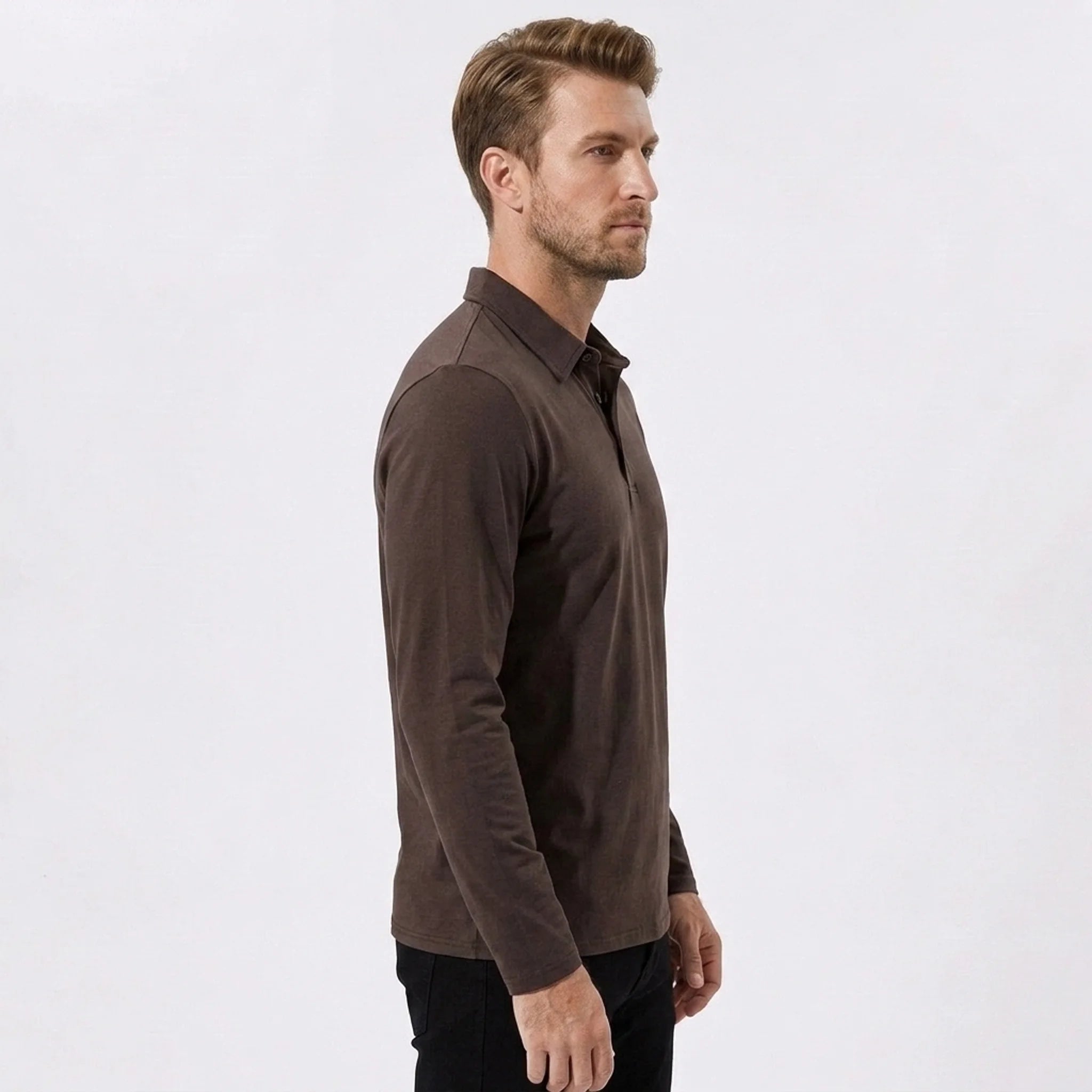 Back view of man wearing maroon solid long sleeve cotton polo shirt
