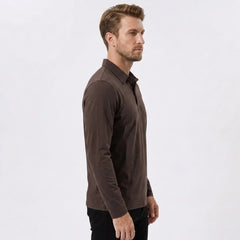 Back view of man wearing maroon solid long sleeve cotton polo shirt