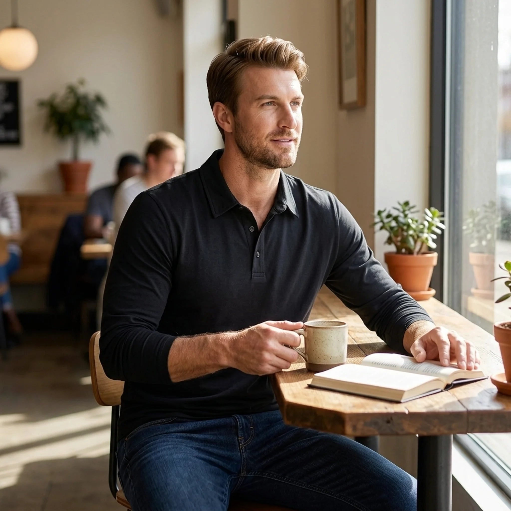 Man wearing a maroon solid long sleeve cotton polo shirt front view on plain background