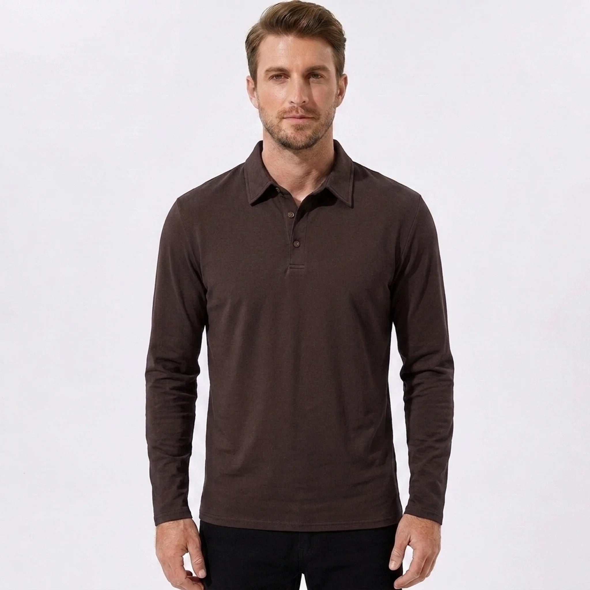 Man wearing maroon solid long sleeve cotton polo shirt in outdoor lifestyle setting