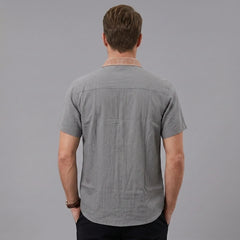 MannerCo men's medium gray linen blend short sleeve shirt with contrast collar detail, back view