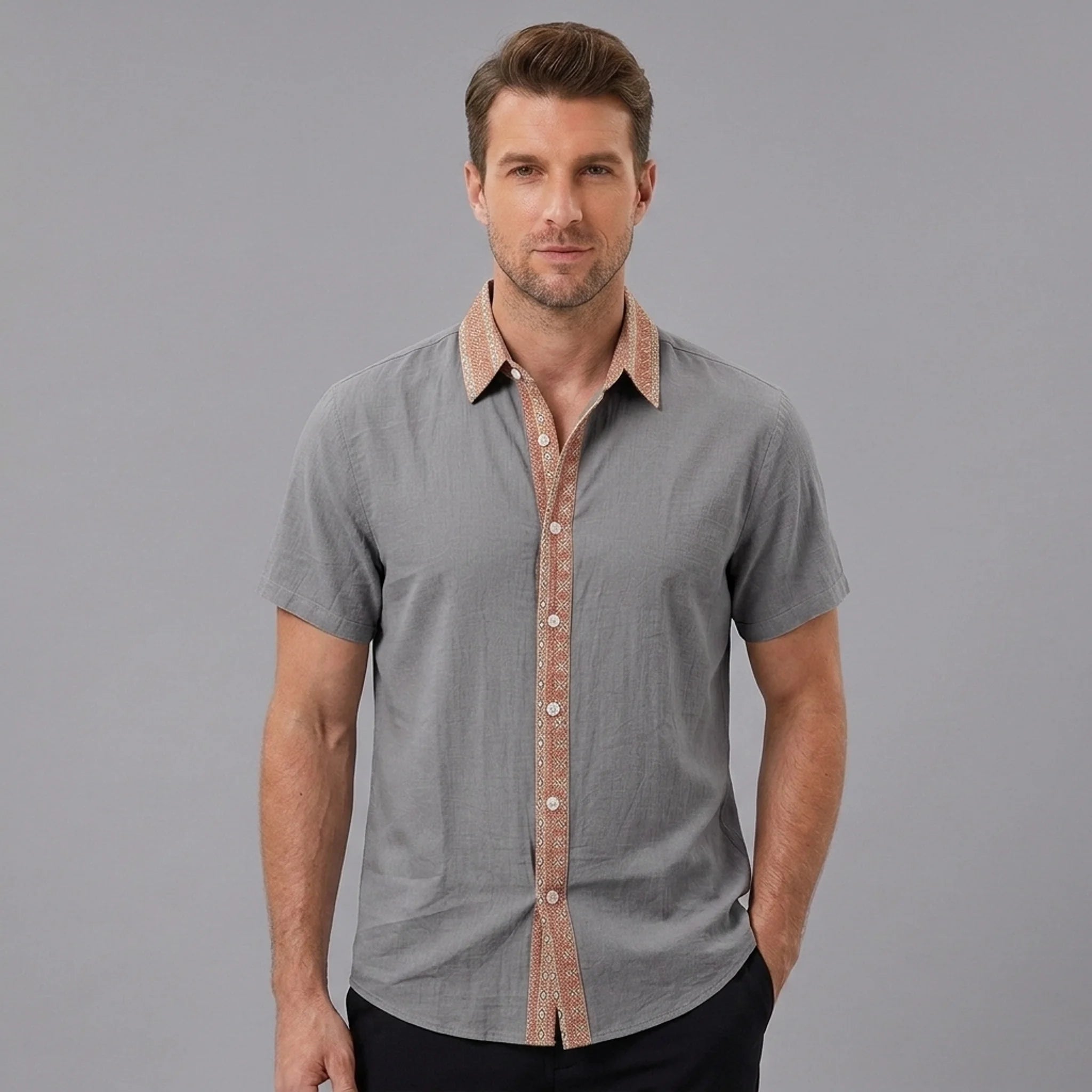 MannerCo men's medium gray linen blend short sleeve shirt with terracotta contrast collar and button placket, front view