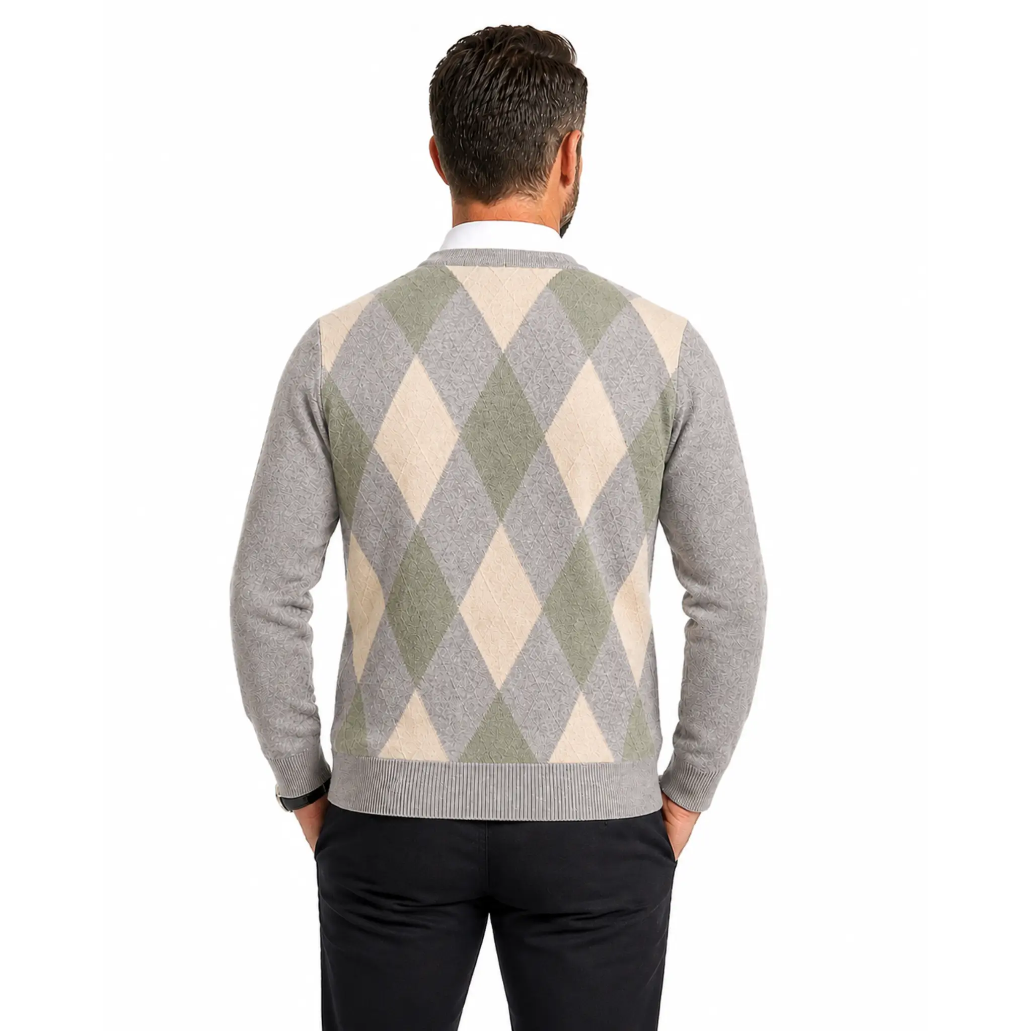 Beige argyle V-neck knitted sweater on model, back view