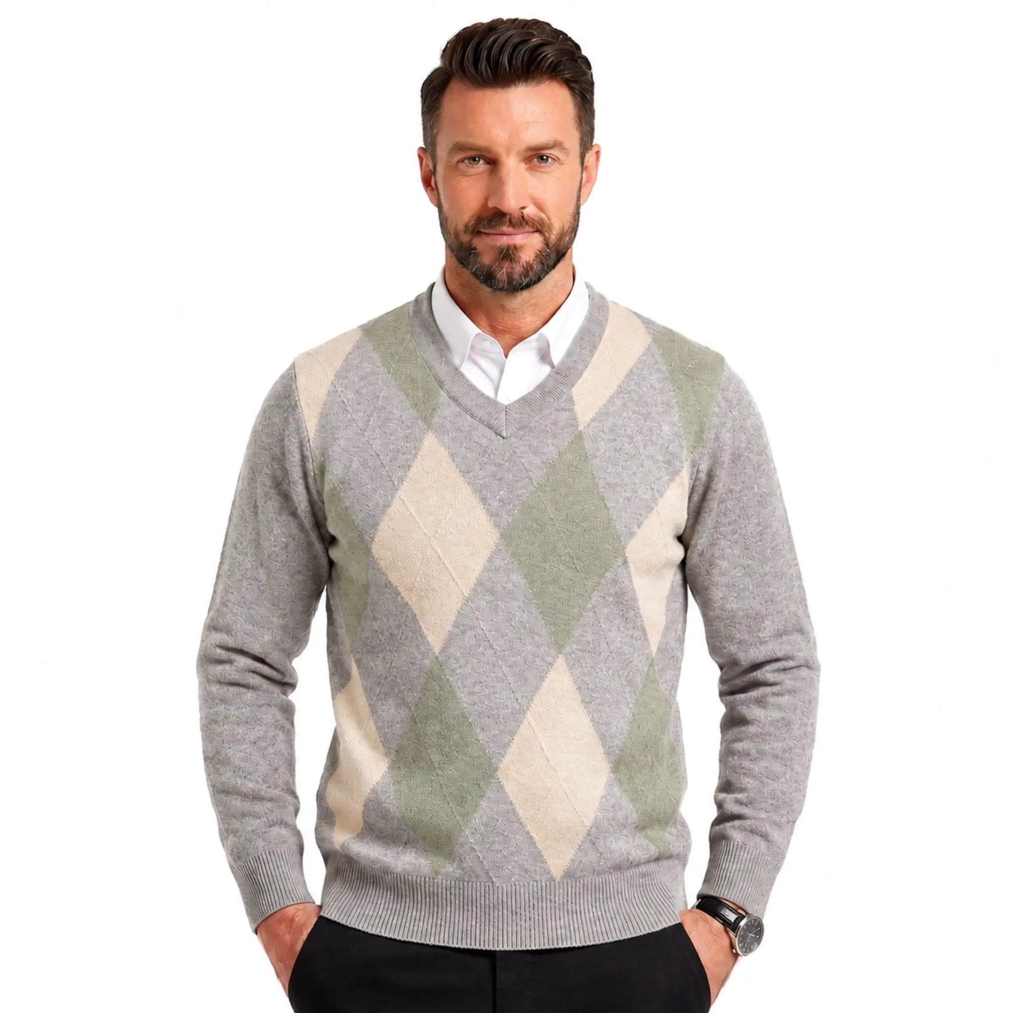 MannerCo men's beige argyle V-neck wool sweater, slim fit, front view on model