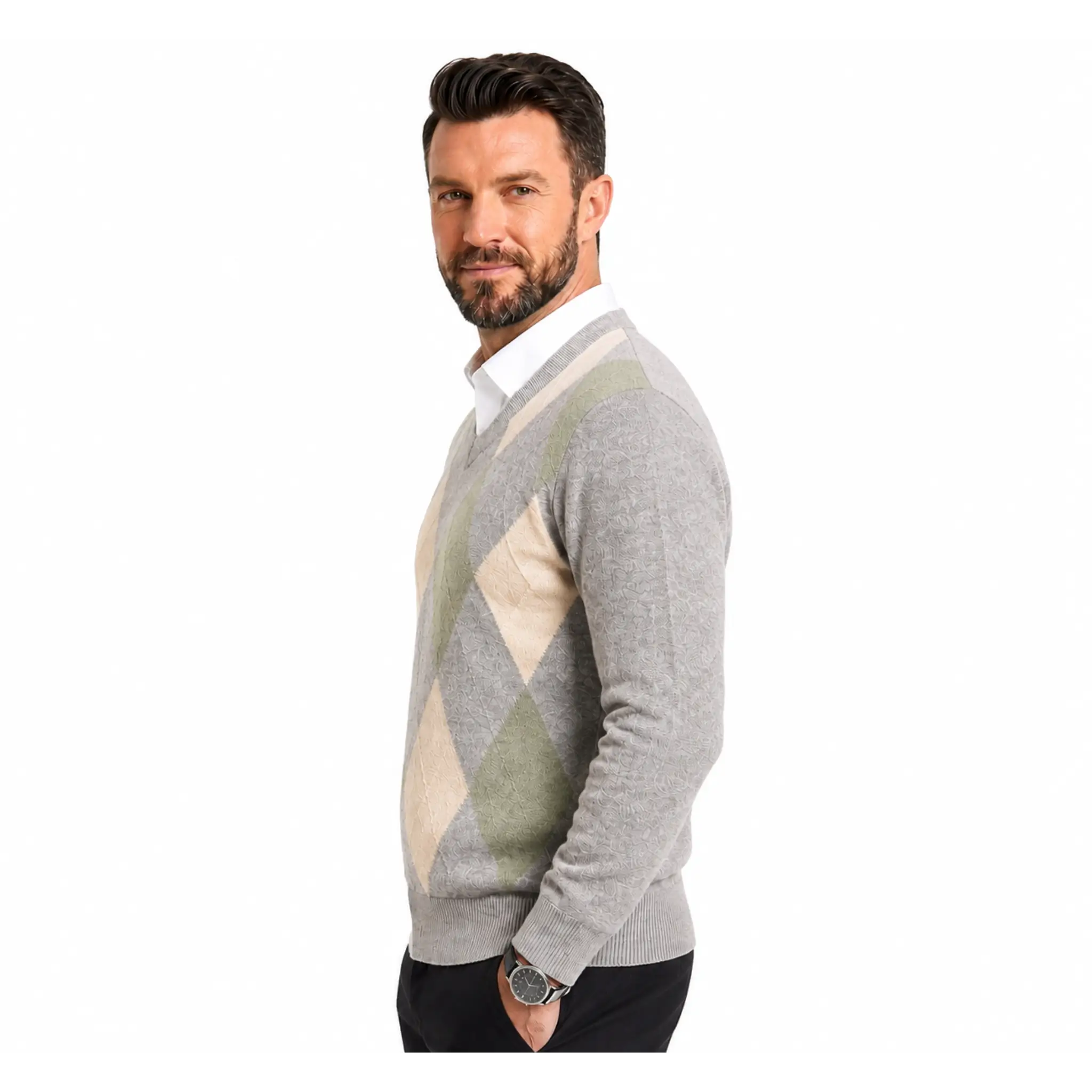 Beige argyle V-neck knitted sweater on model, side view