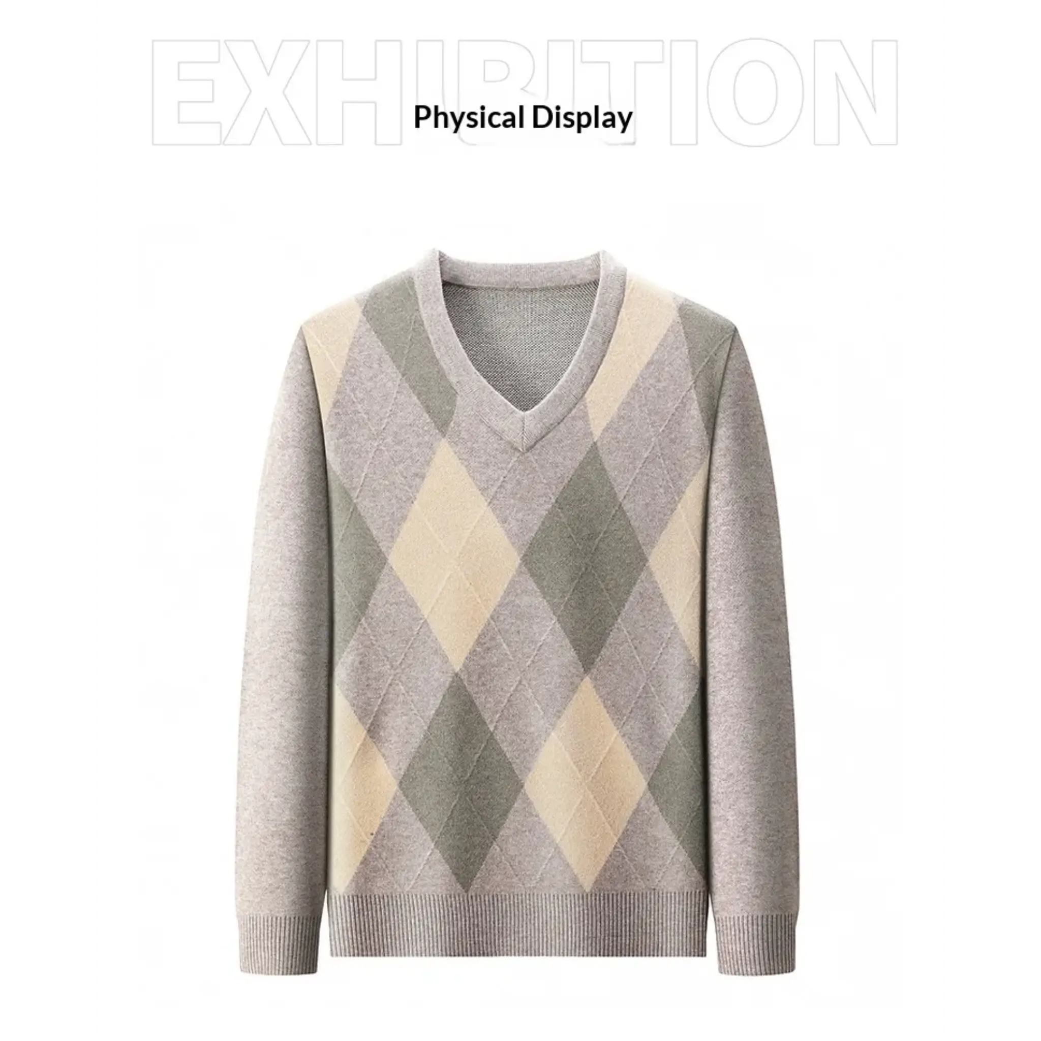 Beige argyle V-neck knitted sweater, product front view