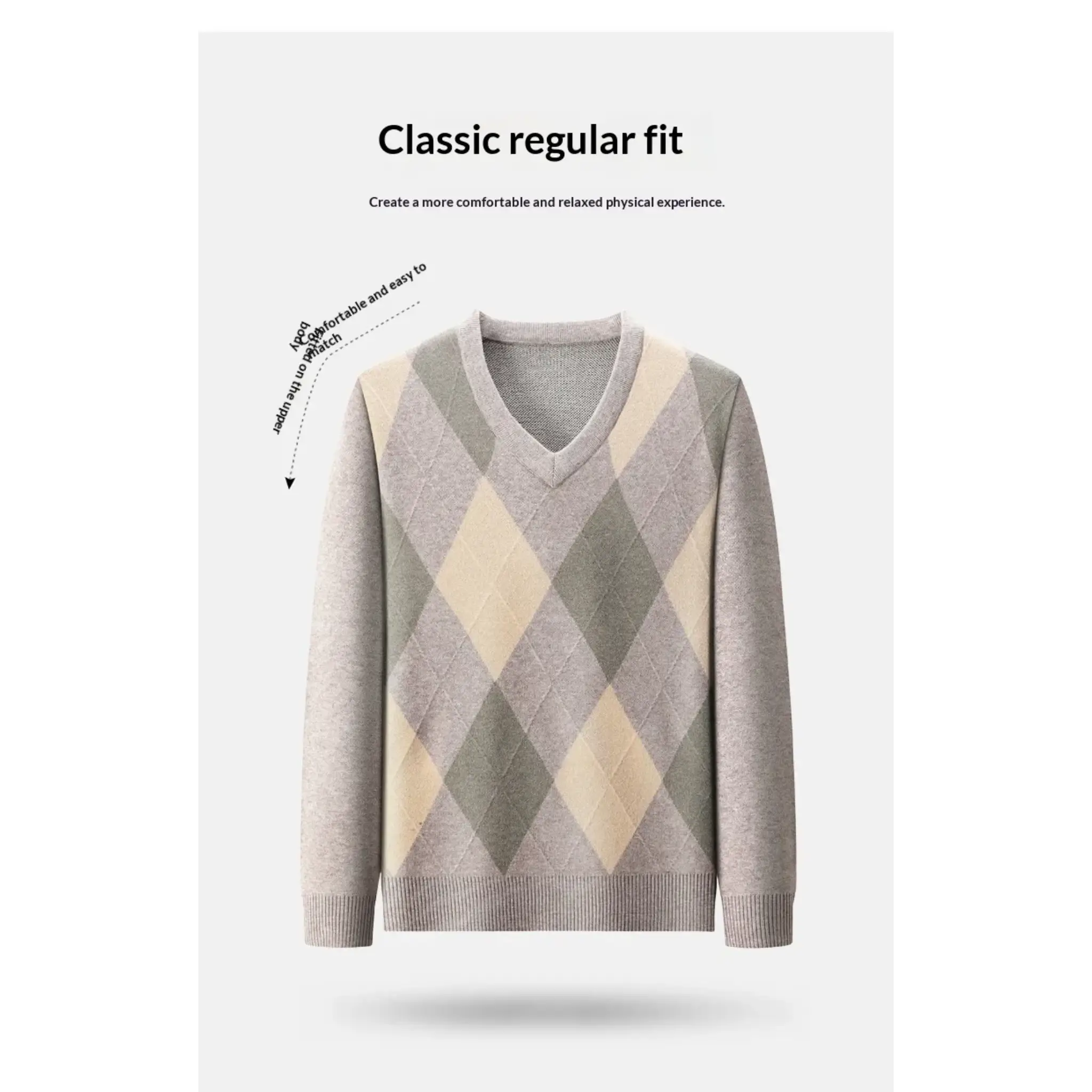 Beige argyle V-neck wool sweater, product front with regular fit details