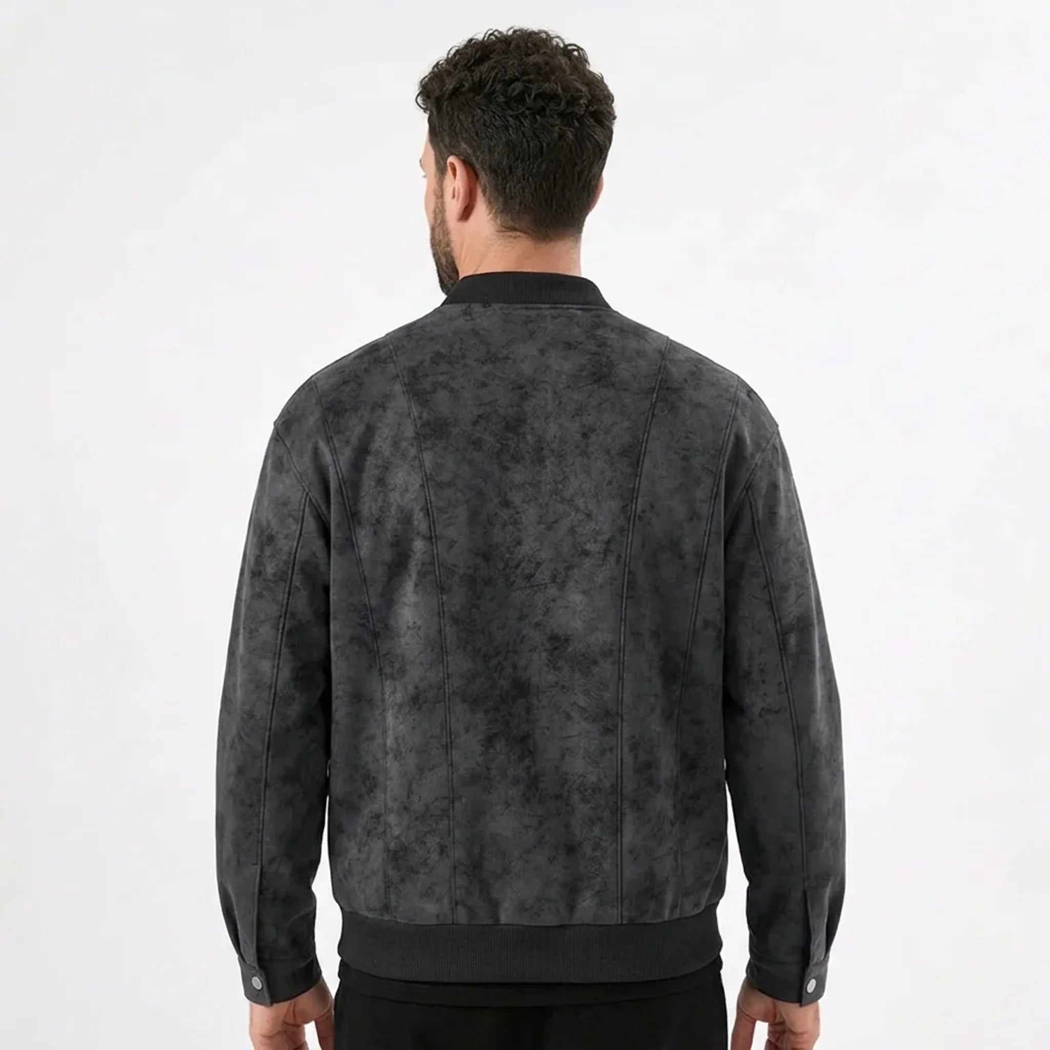 MannerCo men's black faux suede bomber jacket back view with ribbed collar and cuffs