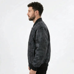 MannerCo men's black faux suede bomber jacket side view with ribbed collar and cuffs