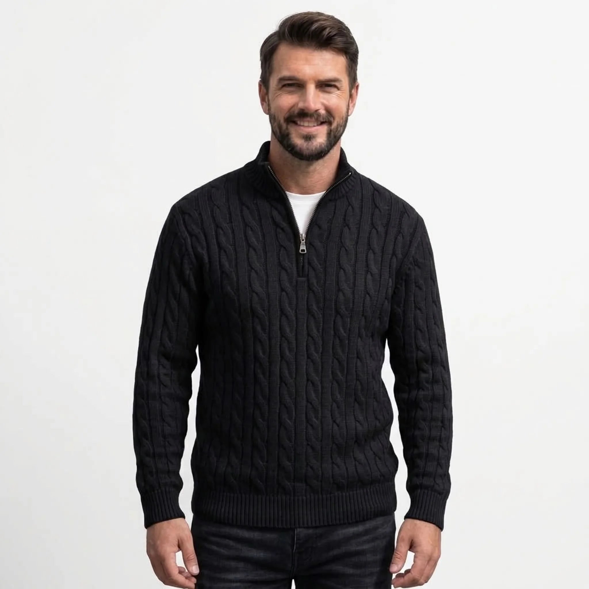 MannerCo men's black cable knit quarter-zip sweater with mock neck, front view on model