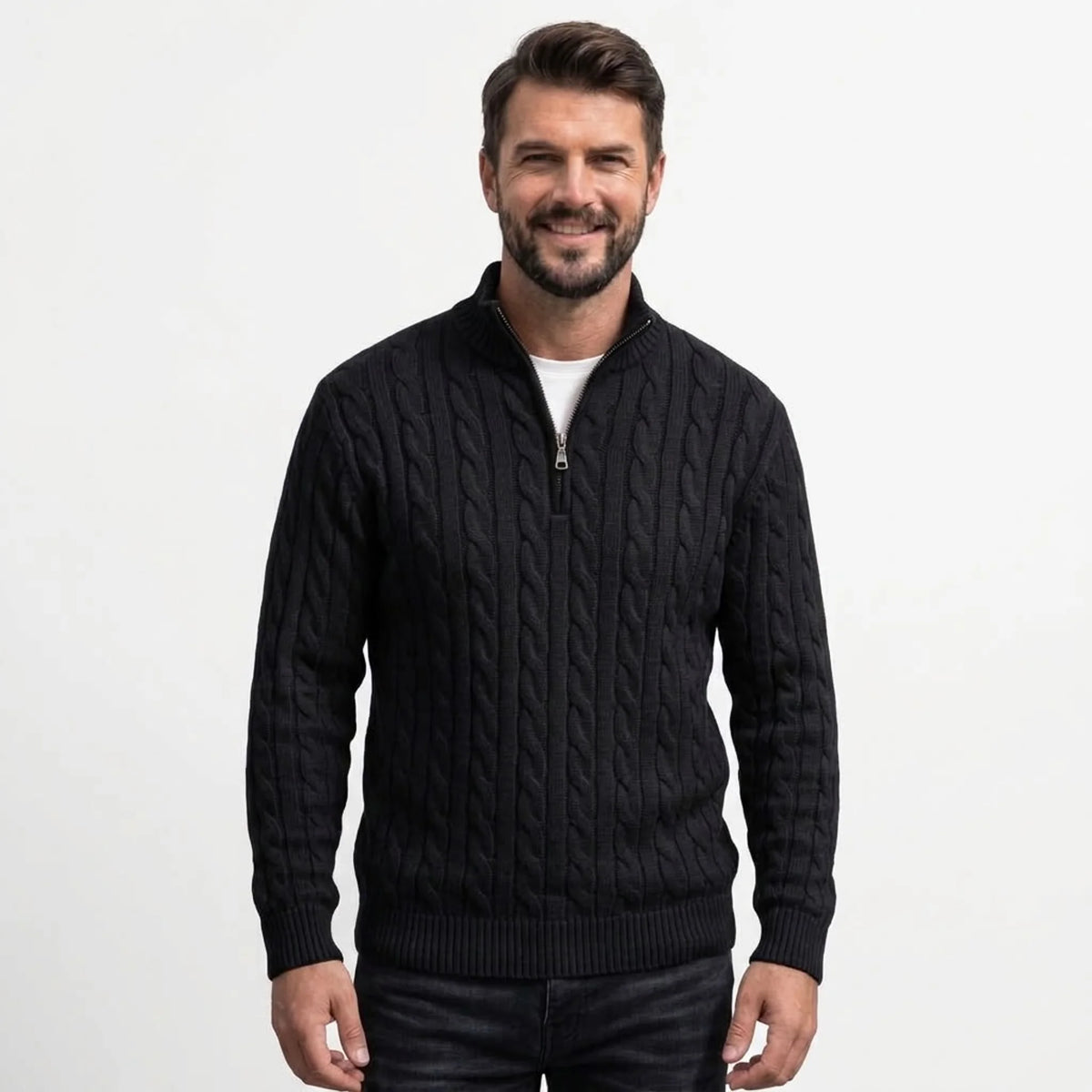 MannerCo men's black cable knit quarter-zip sweater with mock neck, front view on model
