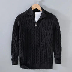 Black cable knit quarter-zip sweater, front view on hanger
