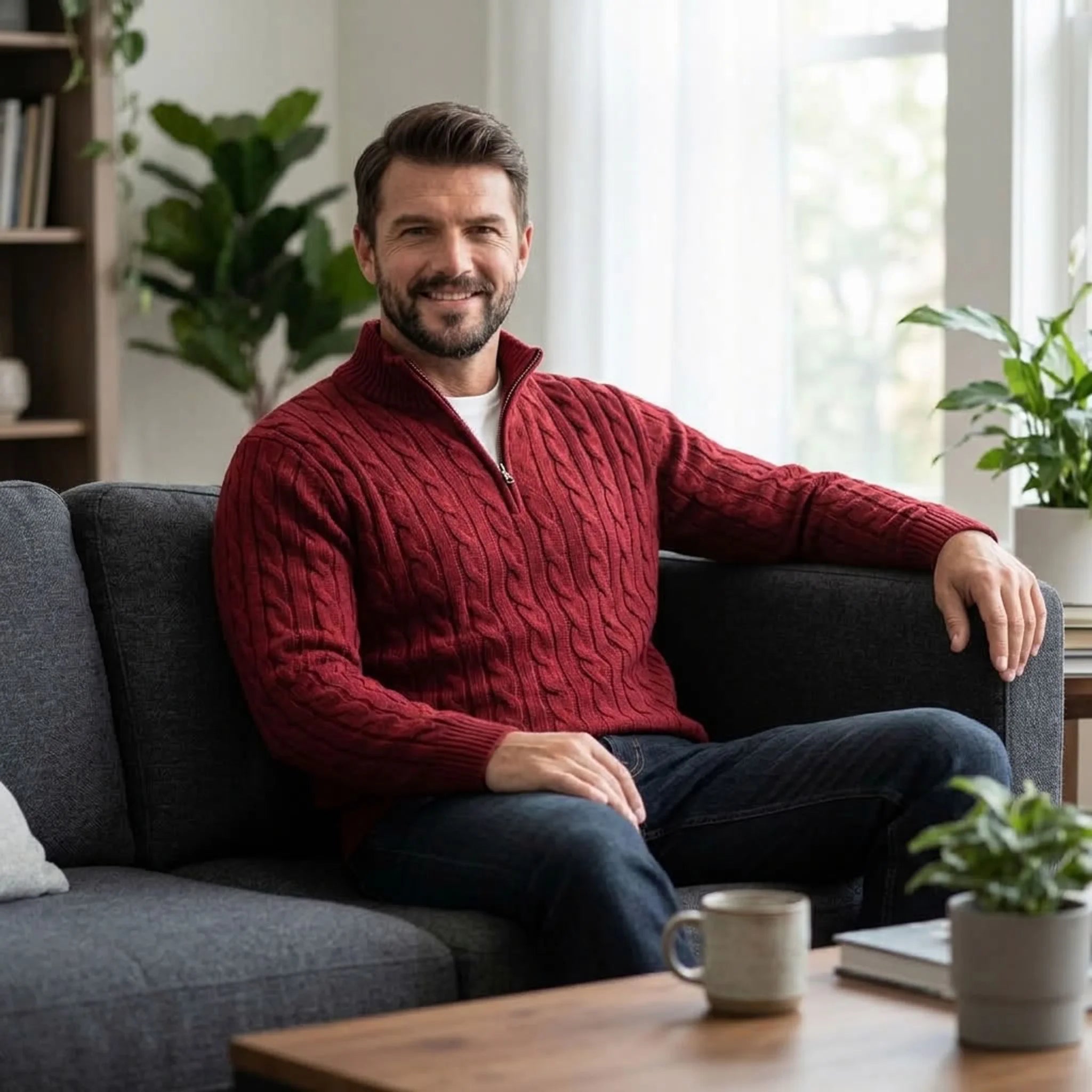 Man in burgundy cable knit quarter-zip sweater relaxing on a sofa