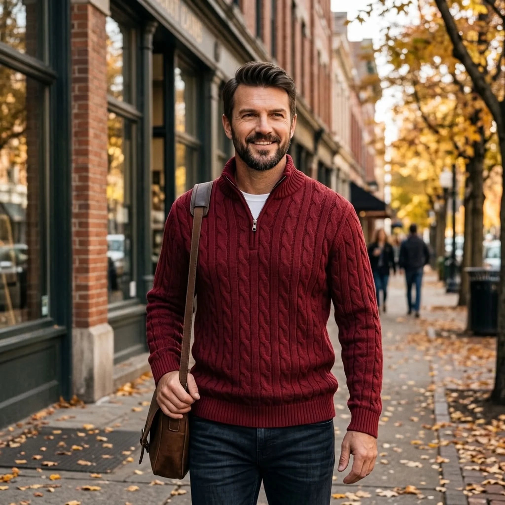 Man wearing burgundy cable knit quarter-zip sweater on a city street