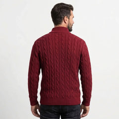 Burgundy cable knit quarter-zip sweater on model, back view
