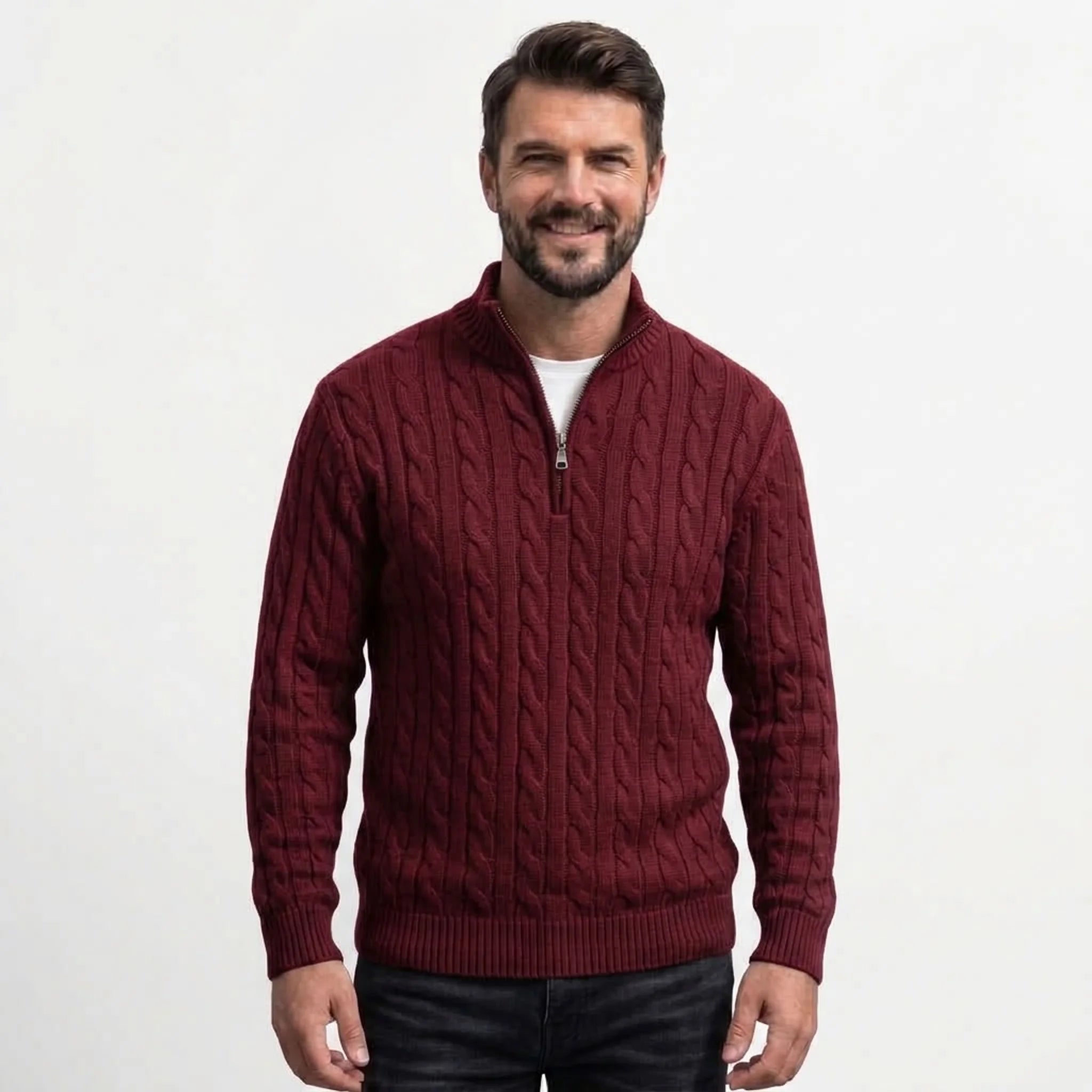 Burgundy cable knit quarter-zip sweater on model, front view