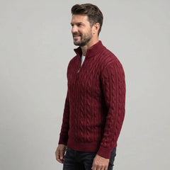 Burgundy cable knit quarter-zip sweater on model, side view