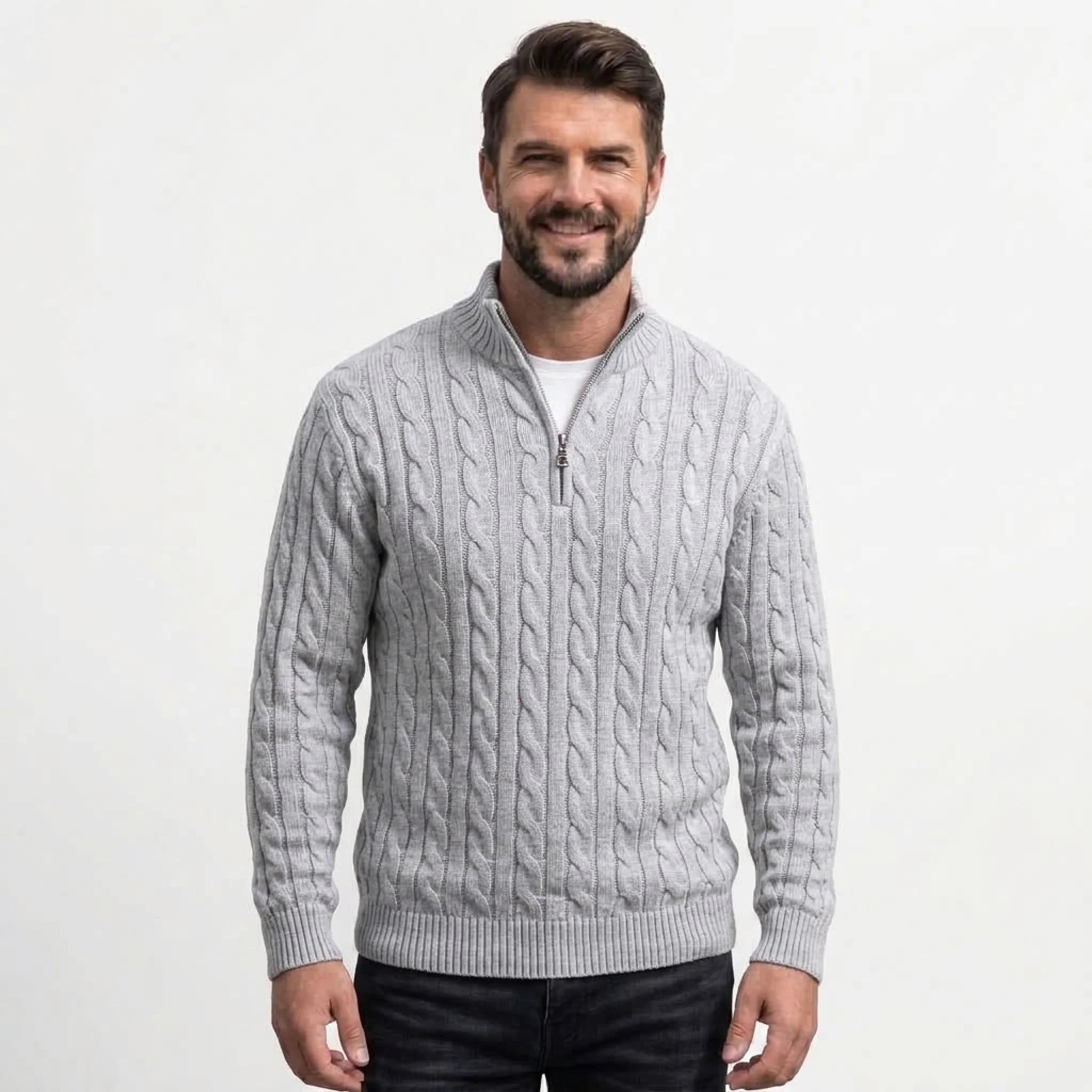 Light grey cable knit quarter-zip sweater on model, front view