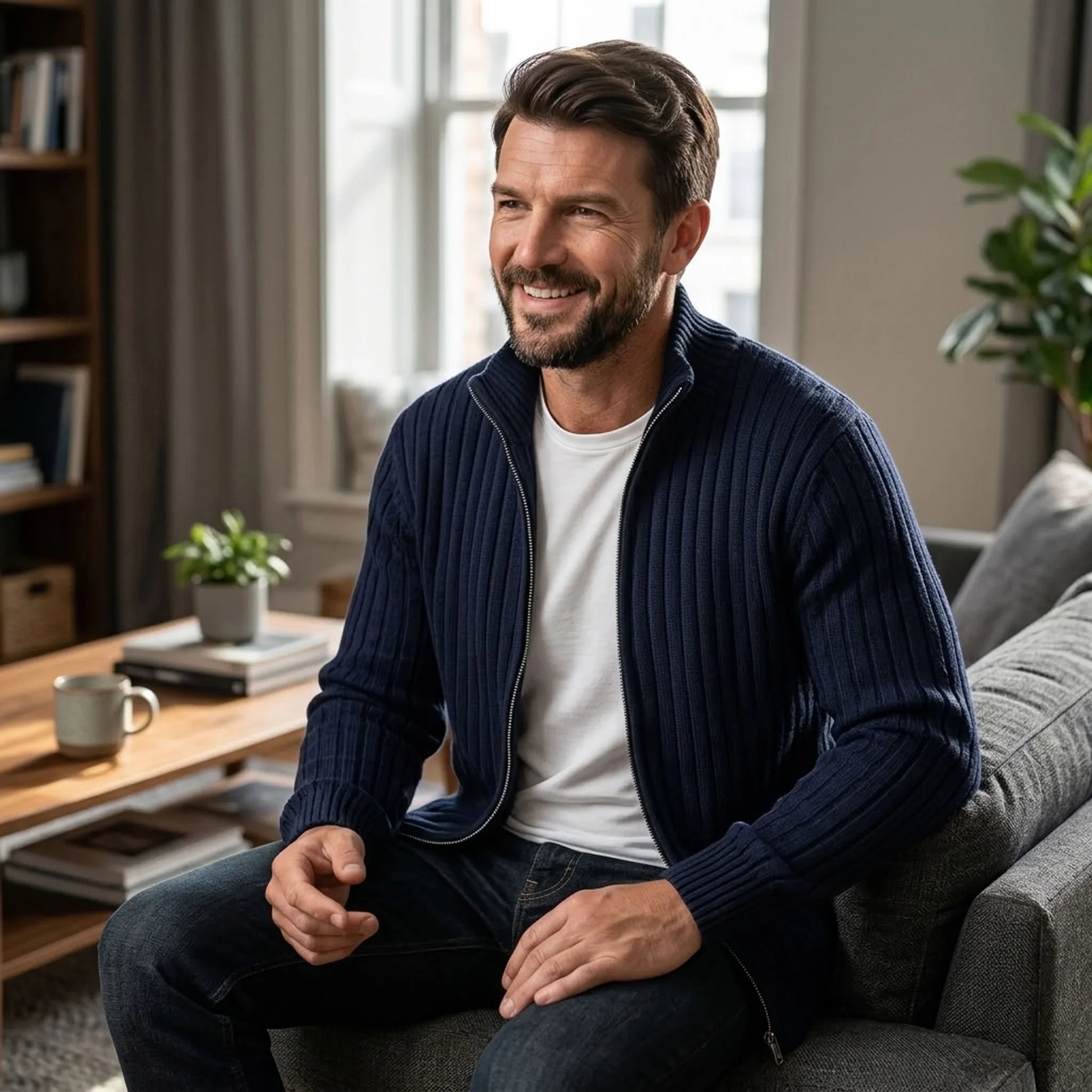 Man in navy cable knit zip sweater seated indoors