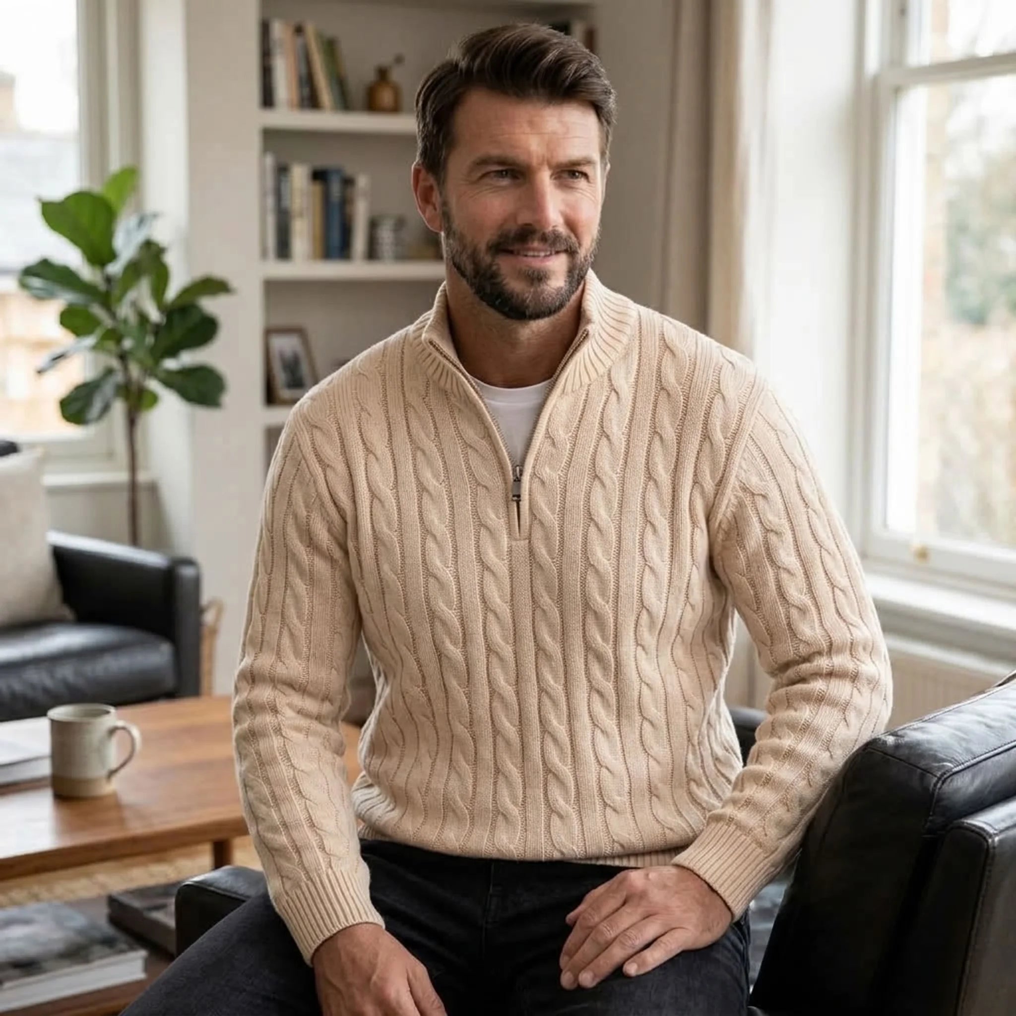 Man in sand cable knit quarter-zip sweater seated in a bright living room