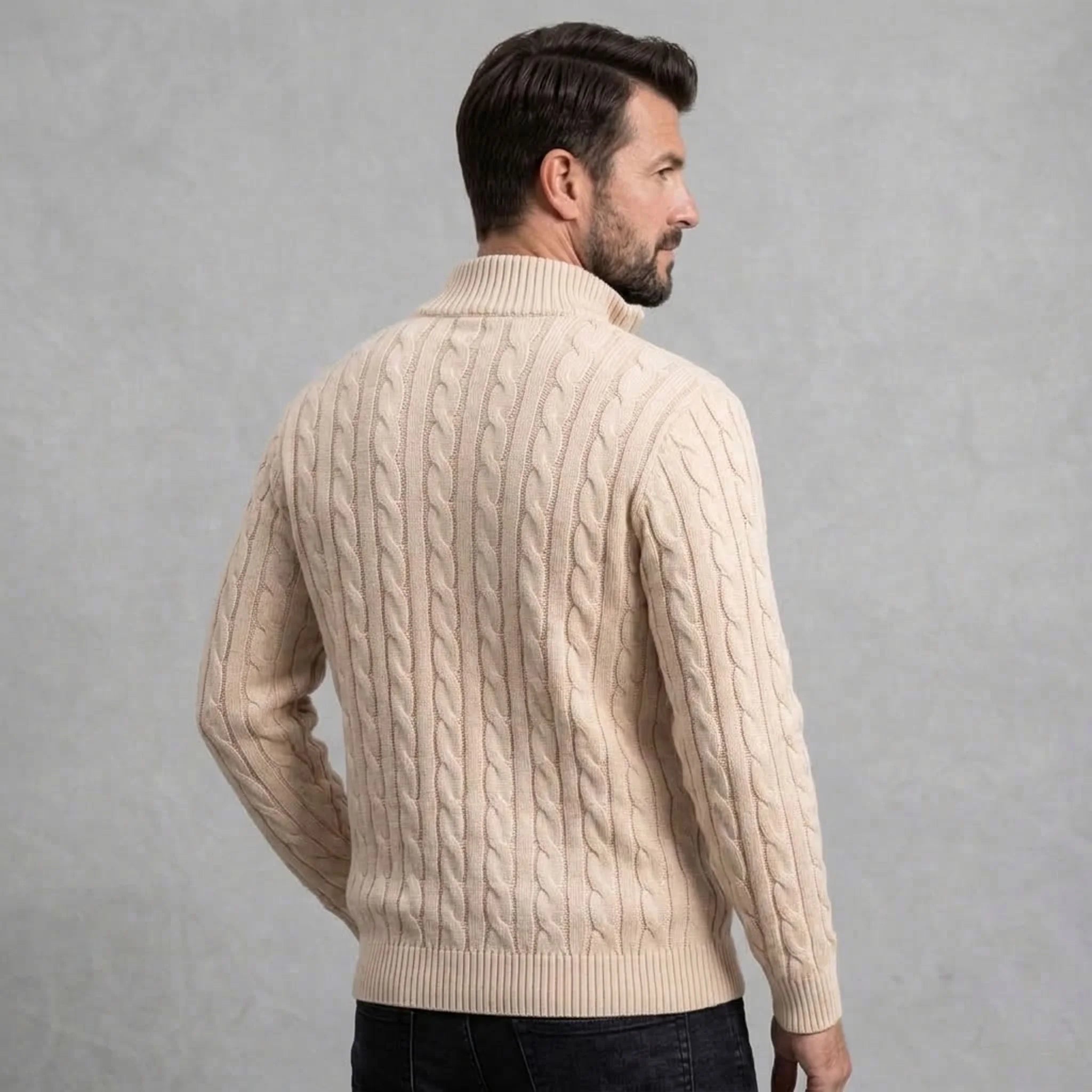 Sand cable knit quarter-zip sweater on model, back view