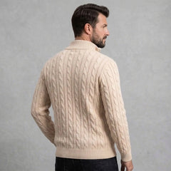 Sand cable knit quarter-zip sweater on model, back view