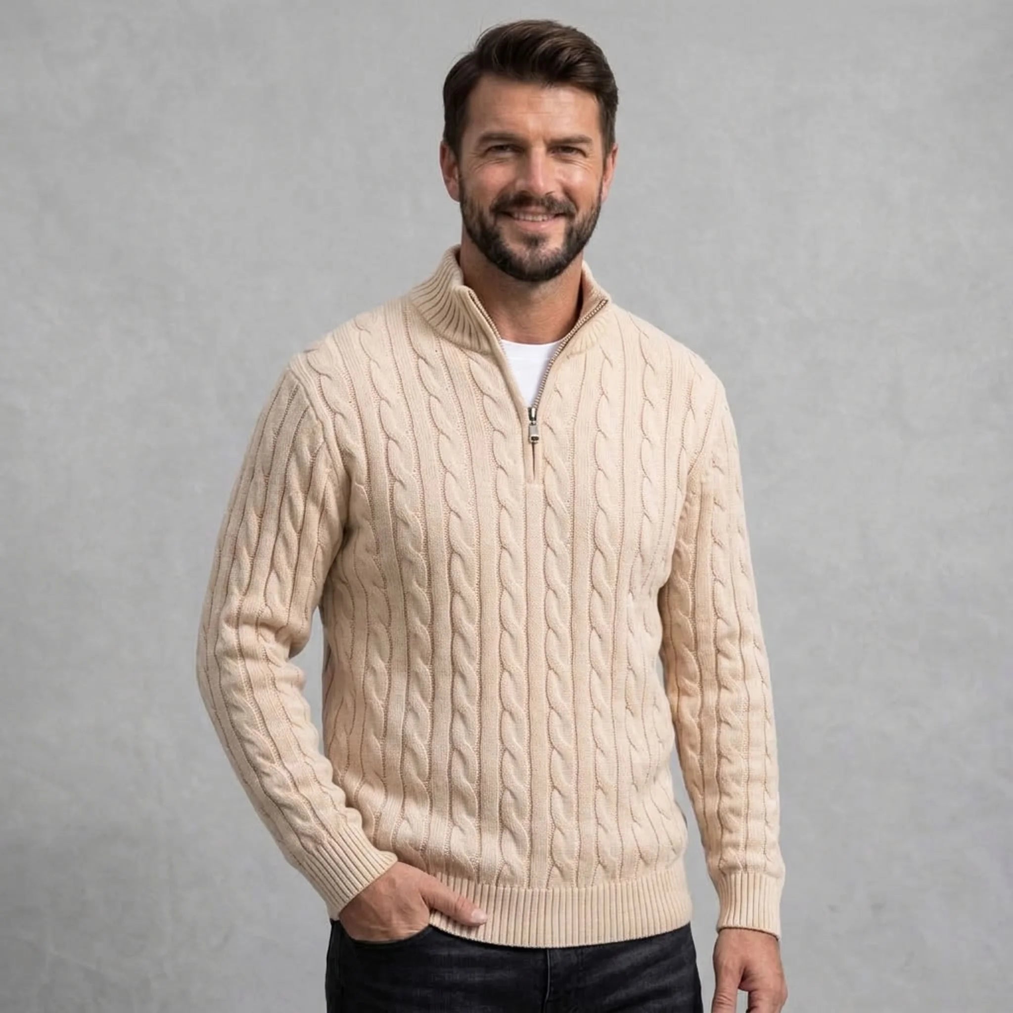 Sand cable knit quarter-zip sweater on model, front view