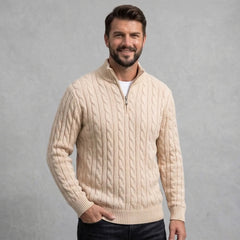 Sand cable knit quarter-zip sweater on model, front view
