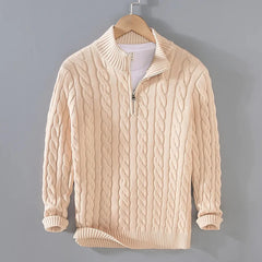 Sand cable knit quarter-zip sweater, product front