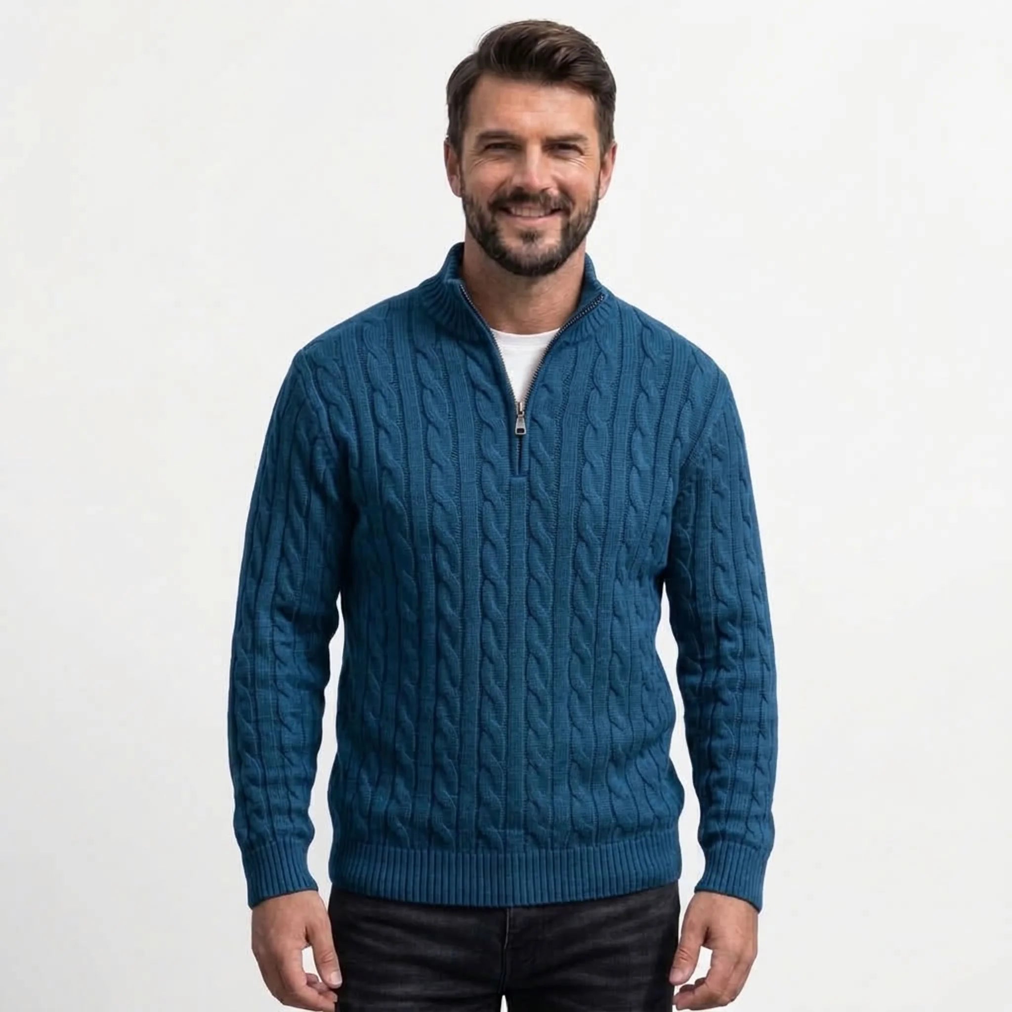 Teal blue cable knit quarter-zip sweater on model, front view