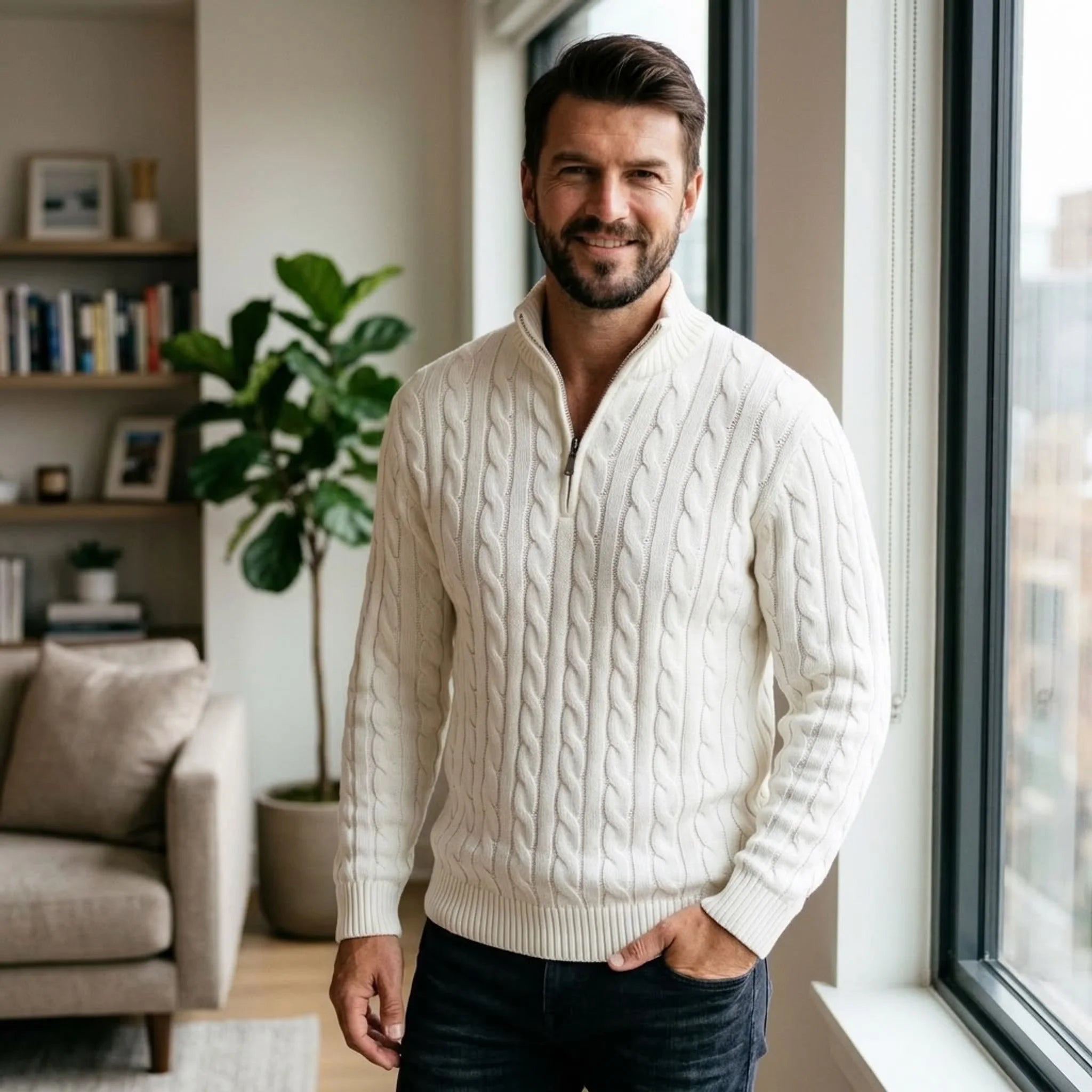Man wearing white cable knit quarter-zip sweater in a bright room with plants