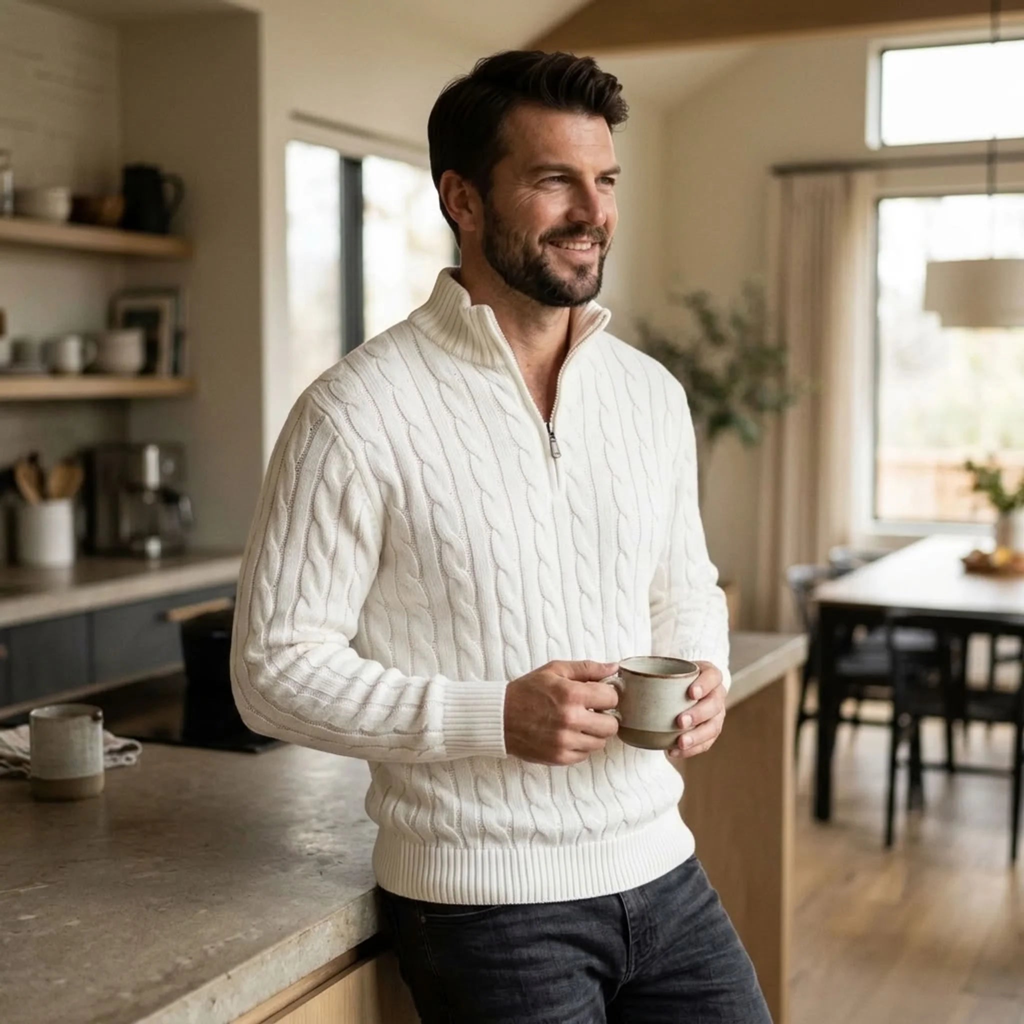 Man in white cable knit quarter-zip sweater holding a mug at home
