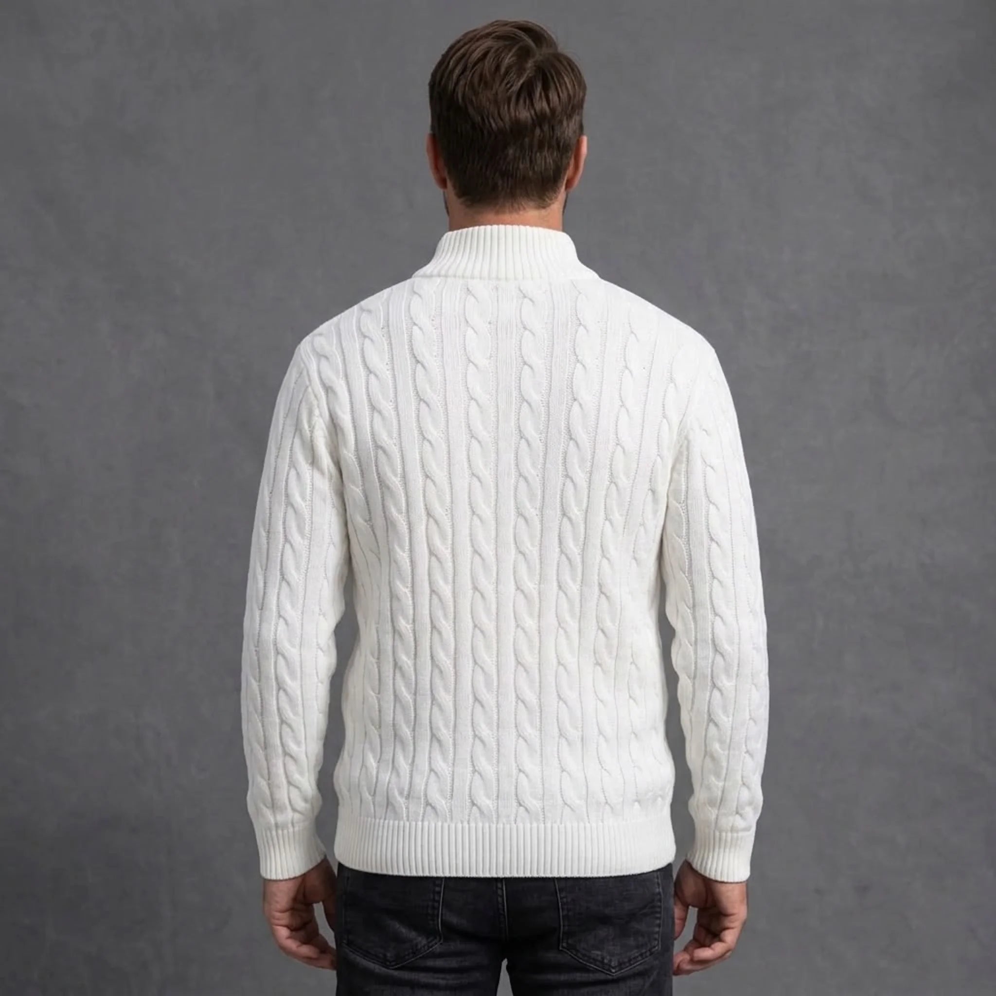 White cable knit quarter-zip sweater on model, back view