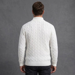 White cable knit quarter-zip sweater on model, back view