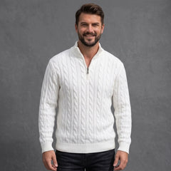 White cable knit quarter-zip sweater on model, front view