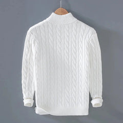 White cable knit quarter-zip sweater, back view on hanger