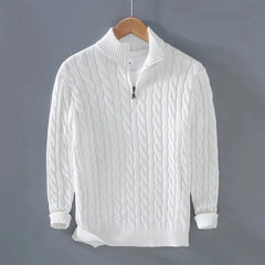 White cable knit quarter-zip sweater, front view on hanger
