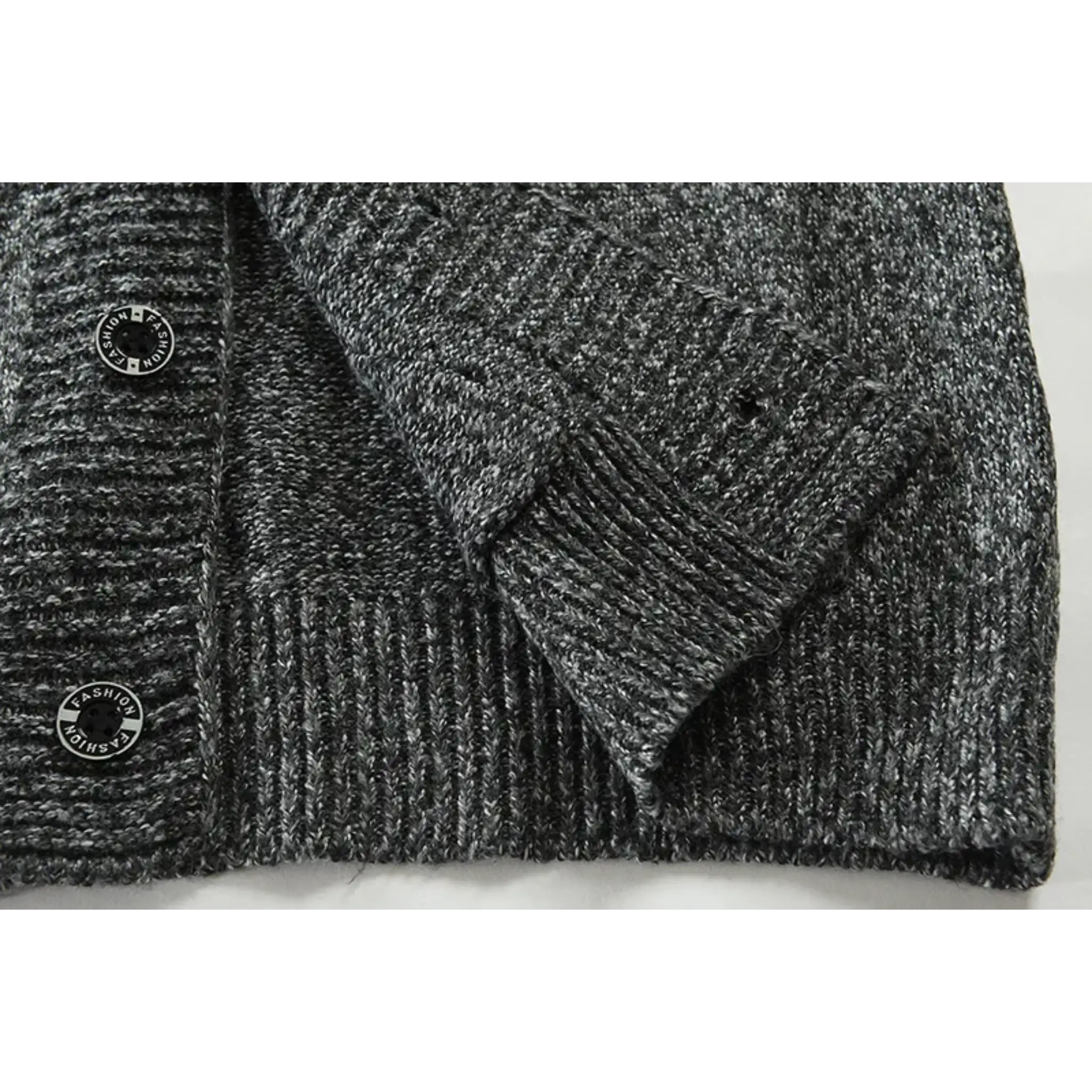 MannerCo men's dark gray cardigan sweater cable knit detail with ribbed hem and fashion buttons