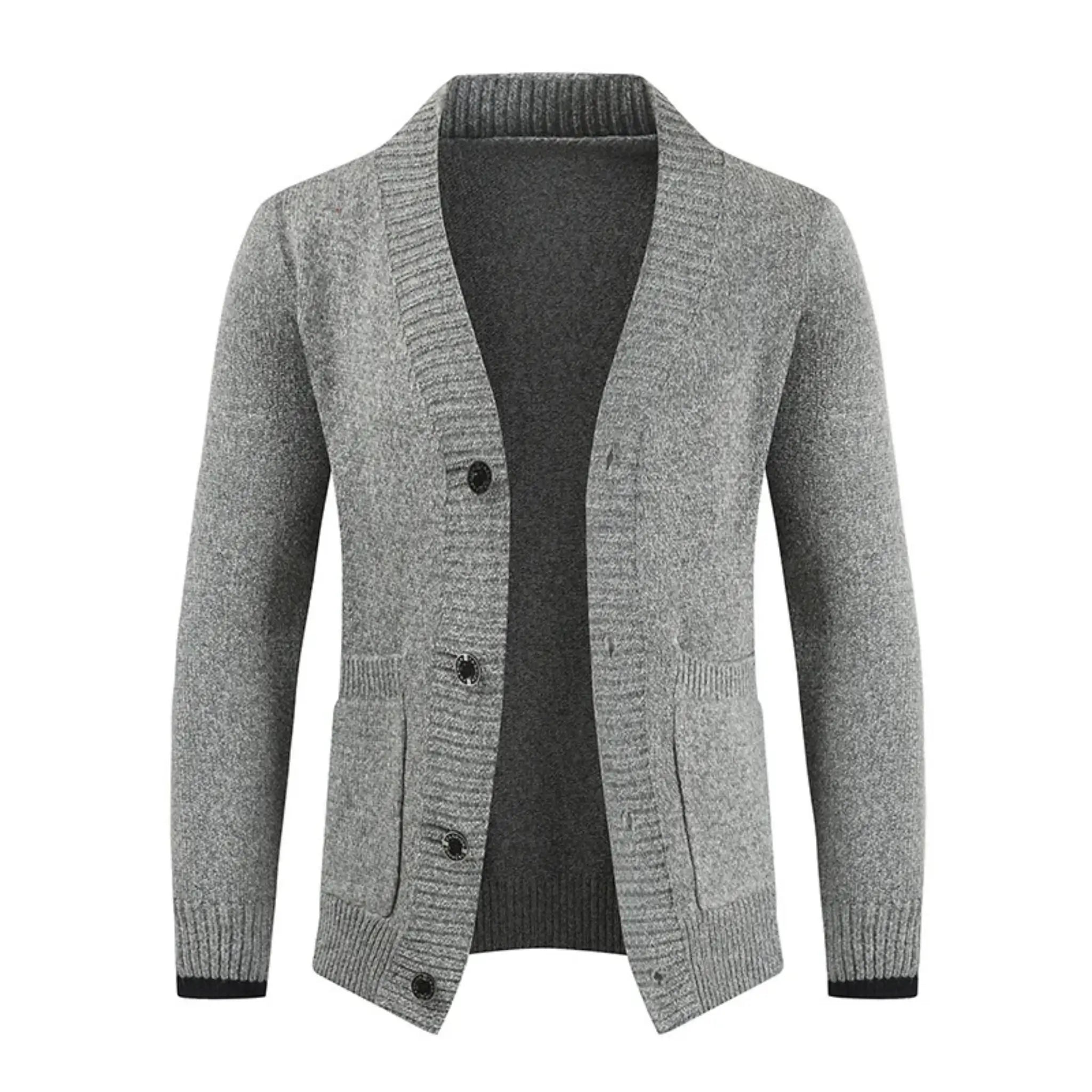 MannerCo men's light gray slim fit cardigan sweater with lapel collar and button closure display