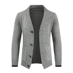 MannerCo men's light gray slim fit cardigan sweater with lapel collar and button closure display