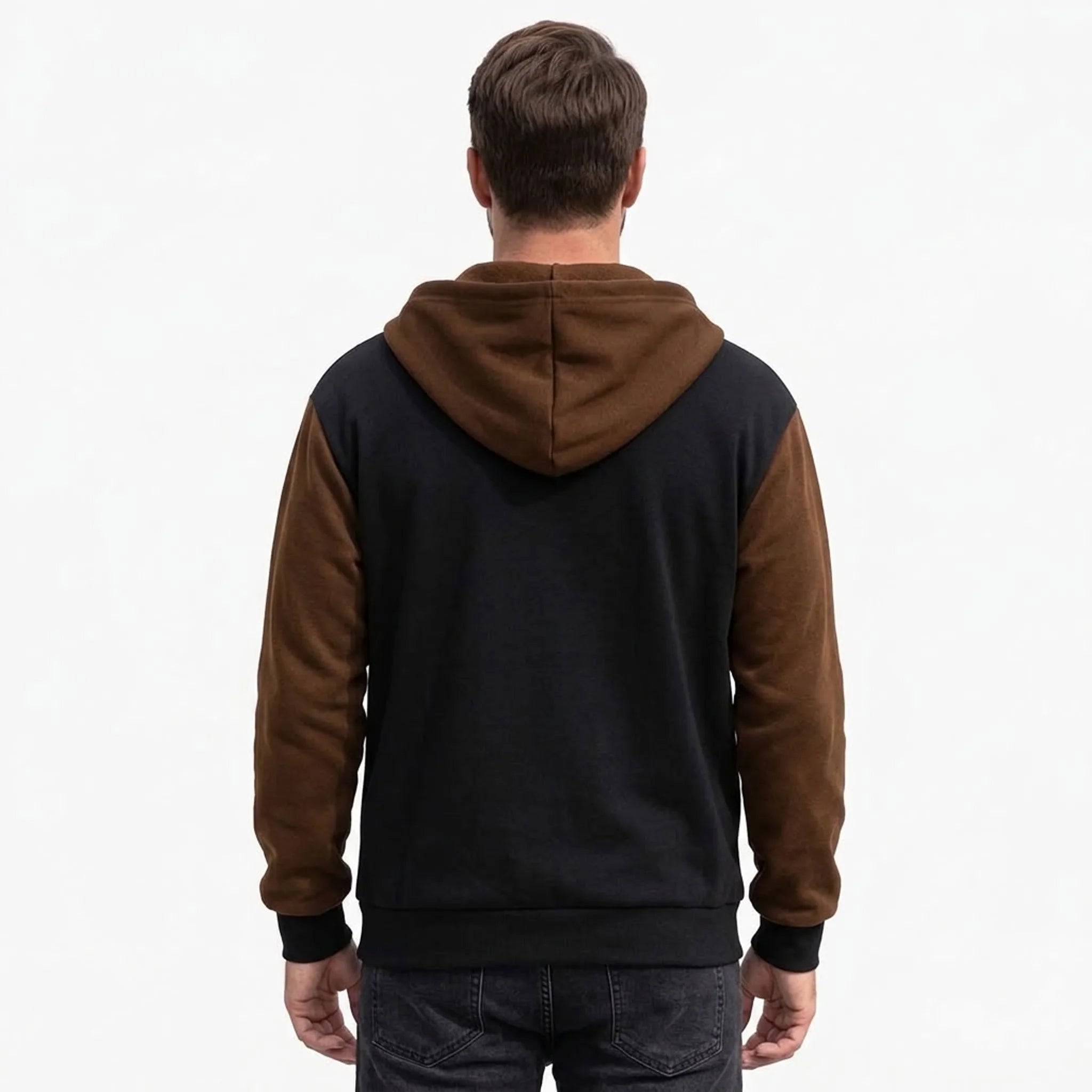 Black and coffee color-block zip-up hoodie on model, back view