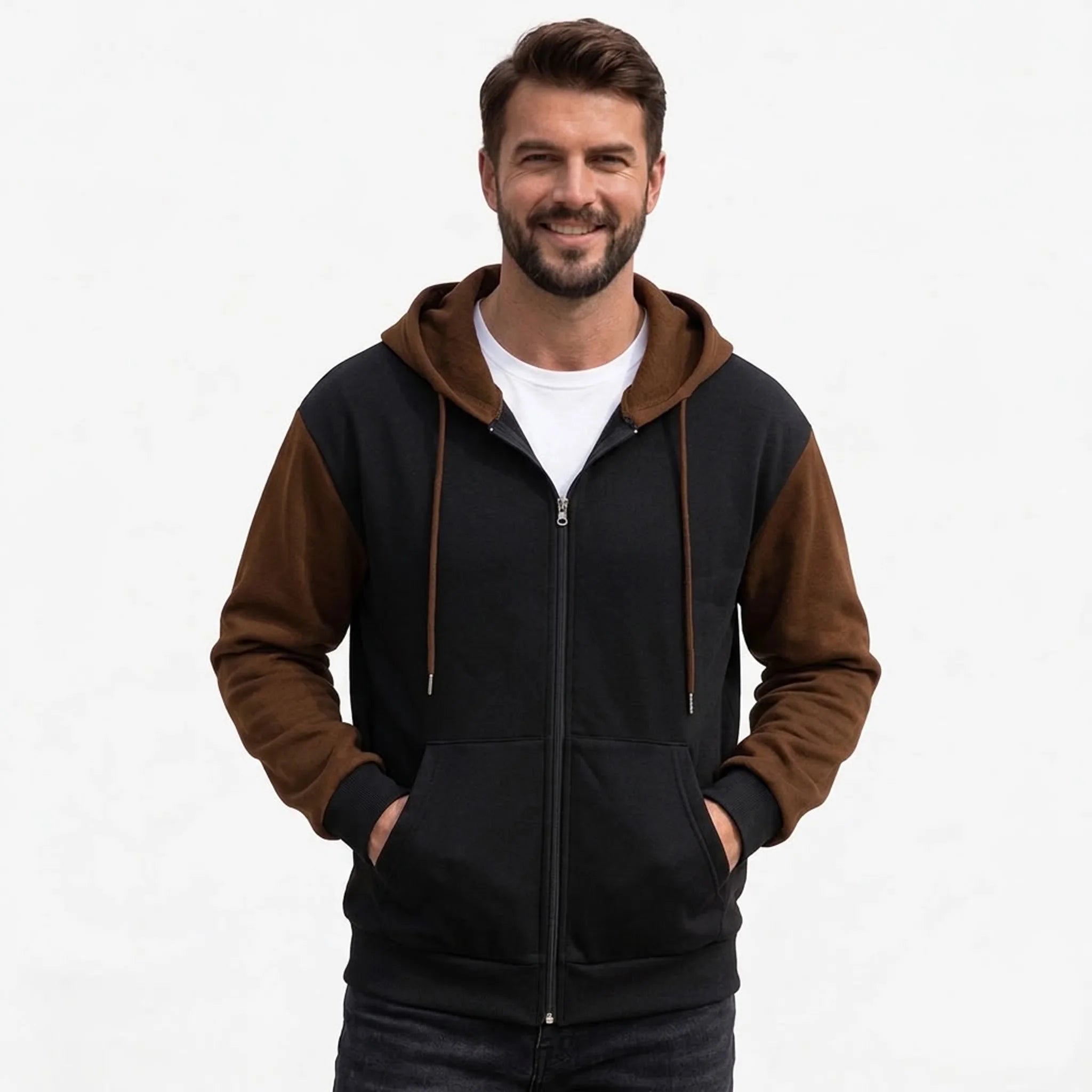 Black and coffee color-block zip-up hoodie on model, front view
